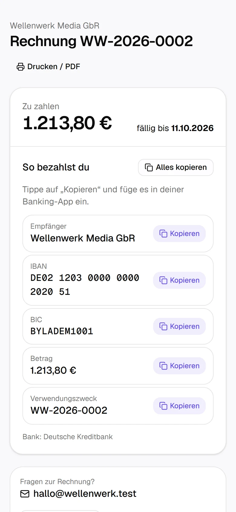Rechnung am Handy mit Kopieren-Knöpfen